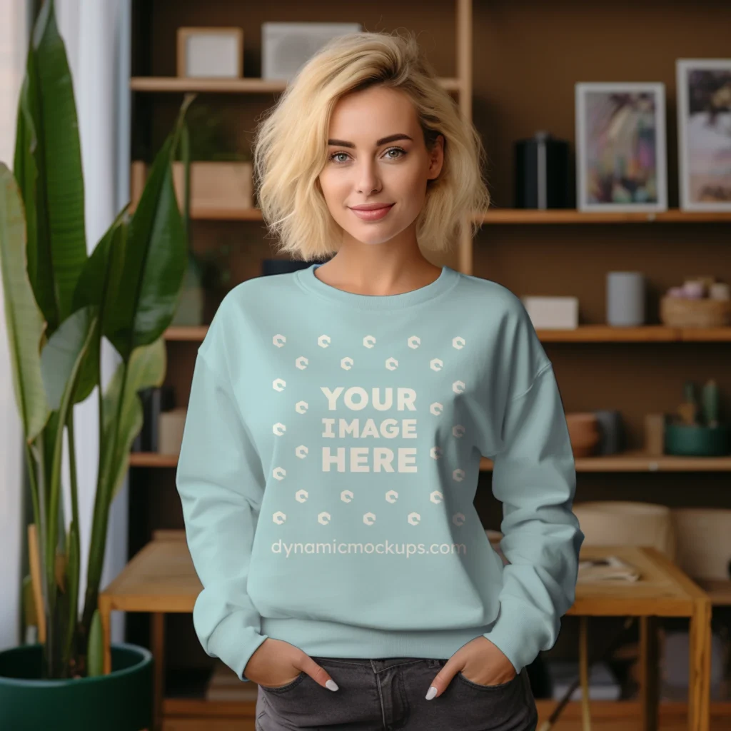 Woman Wearing Light Blue Sweatshirt Mockup Front View Template