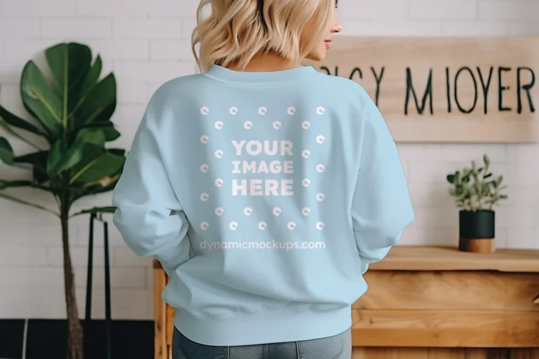 Woman Wearing Light Blue Sweatshirt Mockup Back View Template