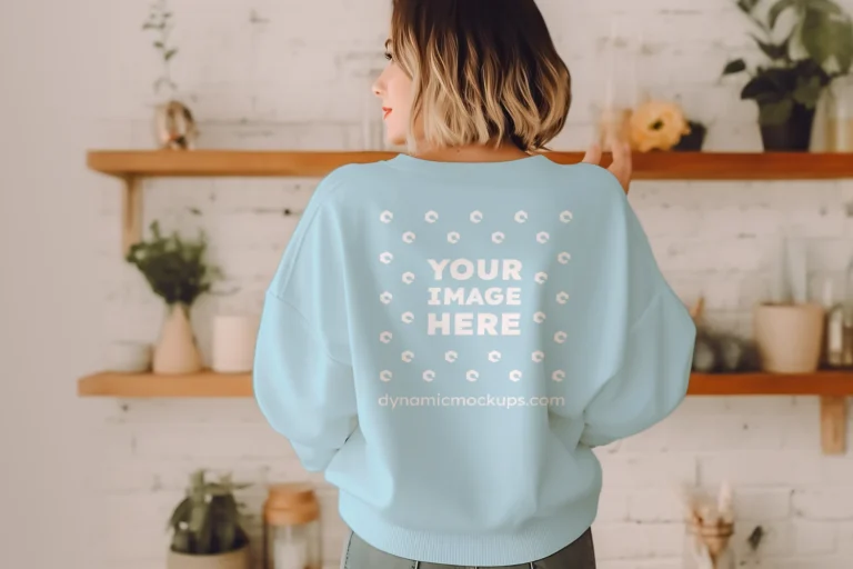 Woman Wearing Light Blue Sweatshirt Mockup Back View Template