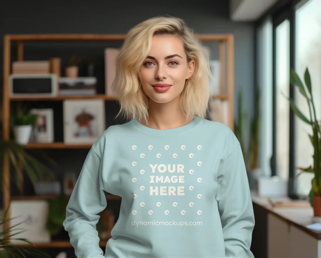 Woman Wearing Light Blue Sweatshirt Mockup Front View Template