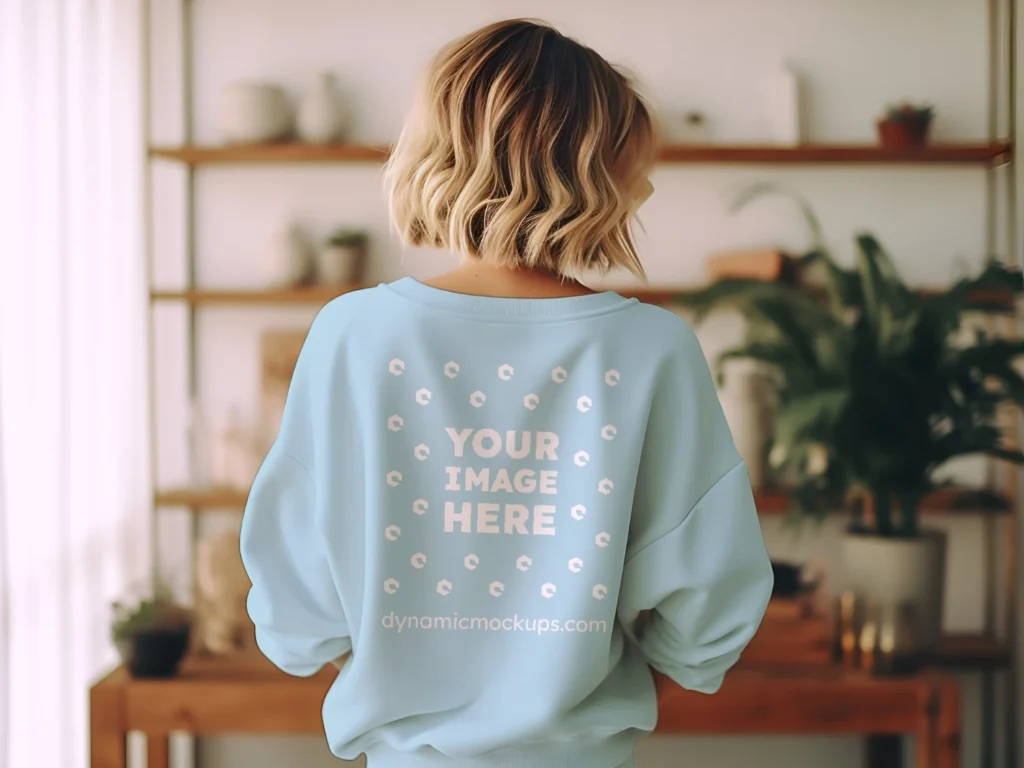 Woman Wearing Light Blue Sweatshirt Mockup Back View Template