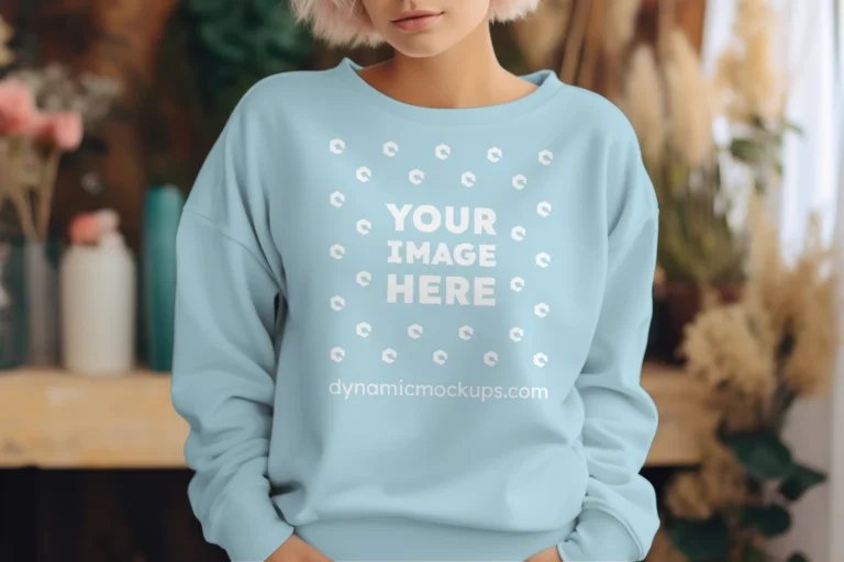 Woman Wearing Light Blue Sweatshirt Mockup Front View Template