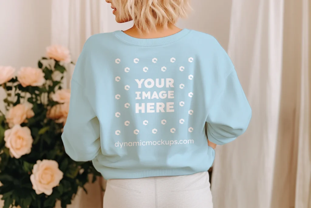 Woman Wearing Light Blue Sweatshirt Mockup Back View Template