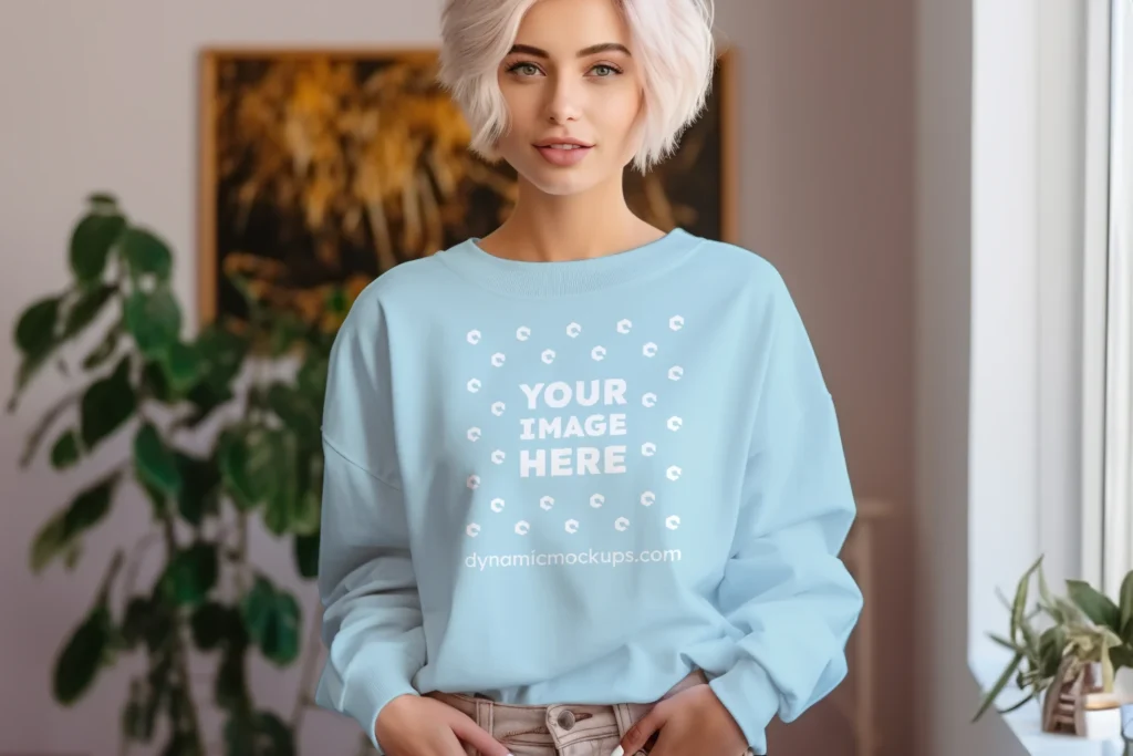 Woman Wearing Light Blue Sweatshirt Mockup Front View Template