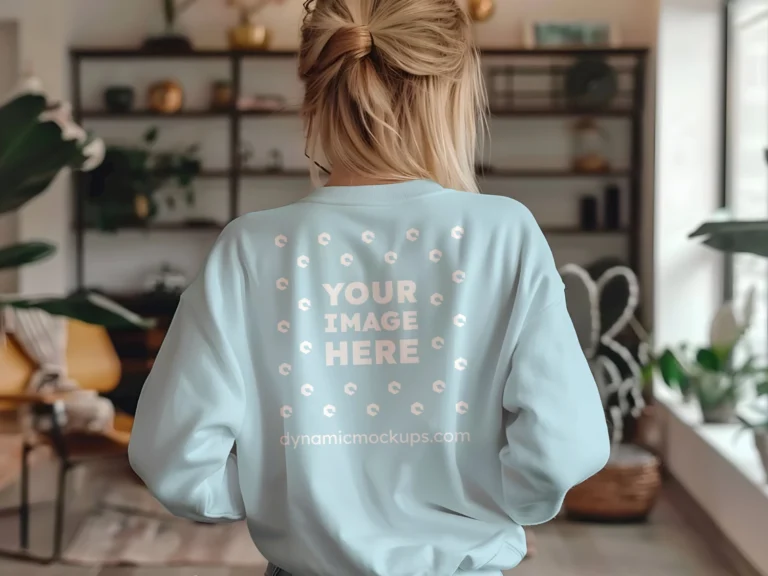 Woman Wearing Light Blue Sweatshirt Mockup Back View Template