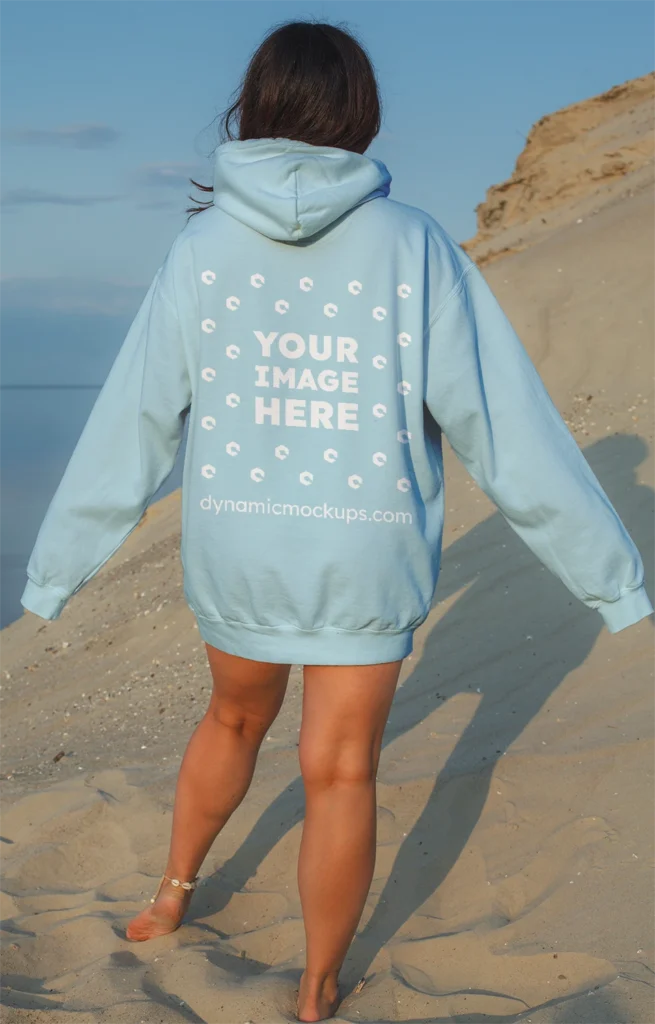 Woman Wearing Light Blue Hoodie Mockup Back View Template