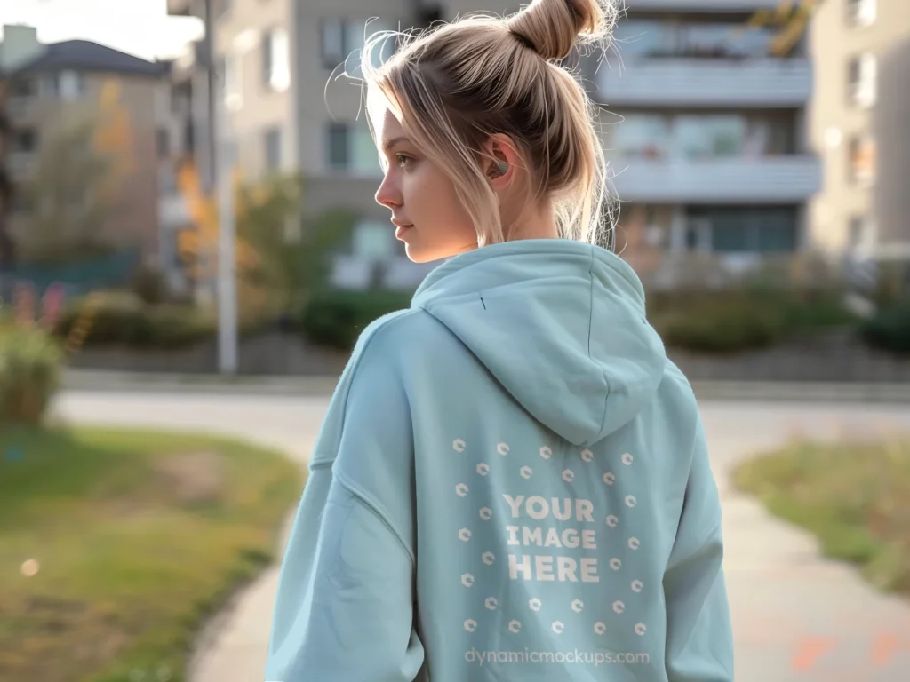 Woman Wearing Light Blue Hoodie Mockup Back View Template