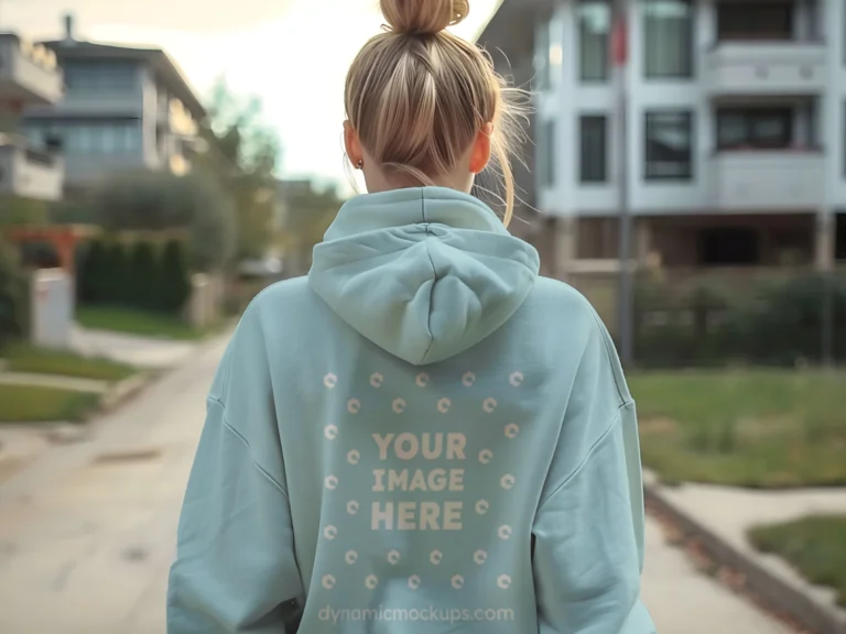 Woman Wearing Light Blue Hoodie Mockup Back View Template