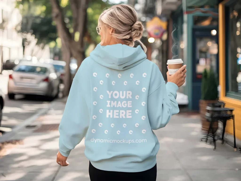 Woman Wearing Light Blue Hoodie Mockup Back View Template