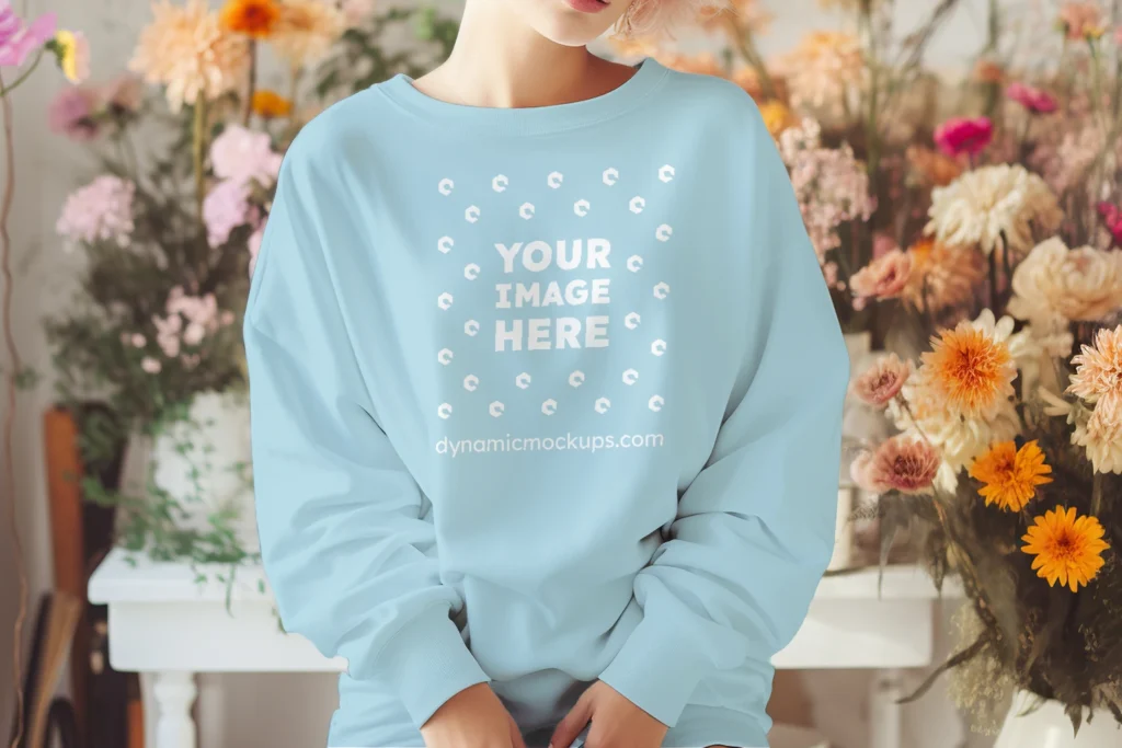 Woman Wearing Light Blue Sweatshirt Mockup Front View Template