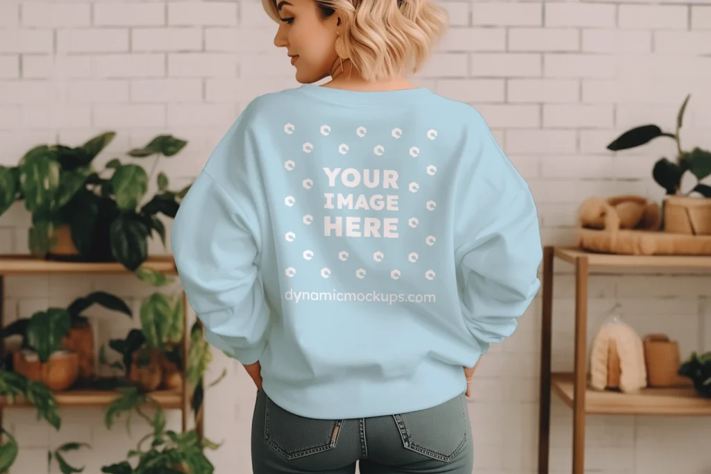 Woman Wearing Light Blue Sweatshirt Mockup Back View Template