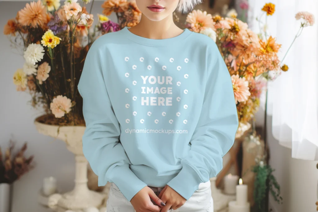 Woman Wearing Light Blue Sweatshirt Mockup Front View Template