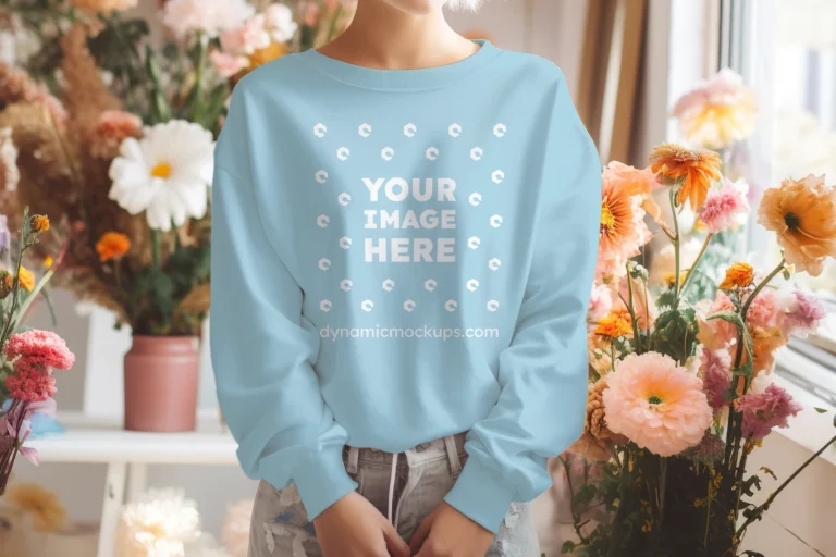 Woman Wearing Light Blue Sweatshirt Mockup Front View Template