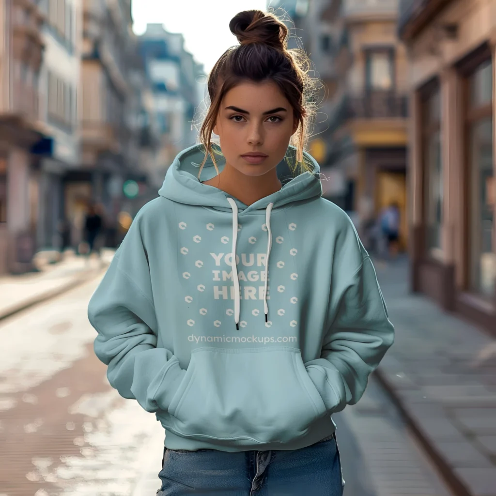 Woman Wearing Light Blue Hoodie Mockup Front View Template