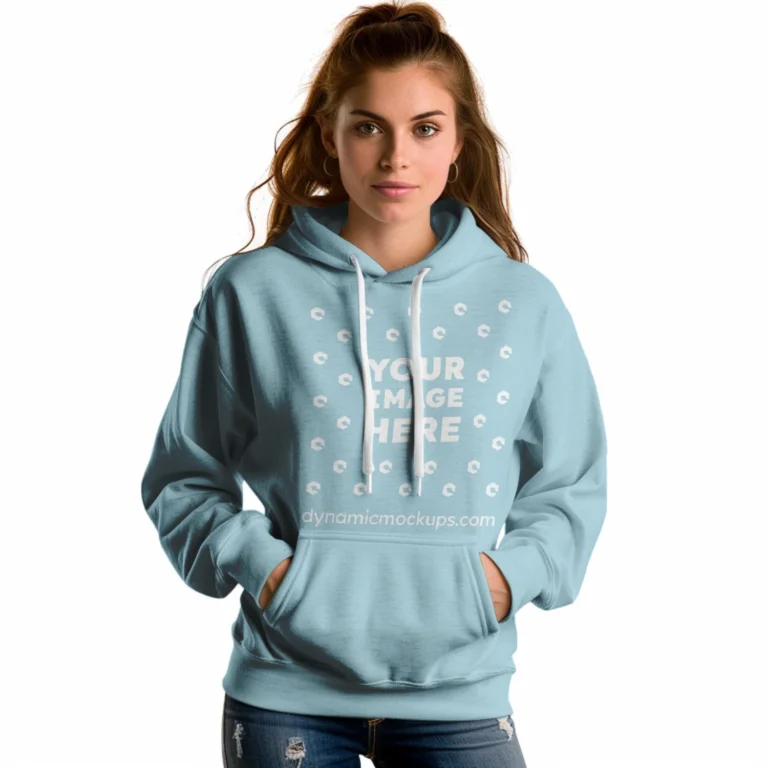 Woman Wearing Light Blue Hoodie Mockup Front View Template