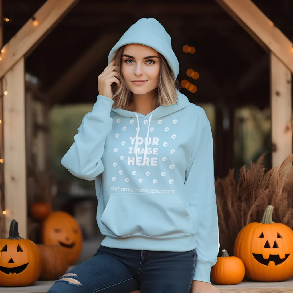 Woman Wearing Light Blue Hoodie Mockup Front View Template