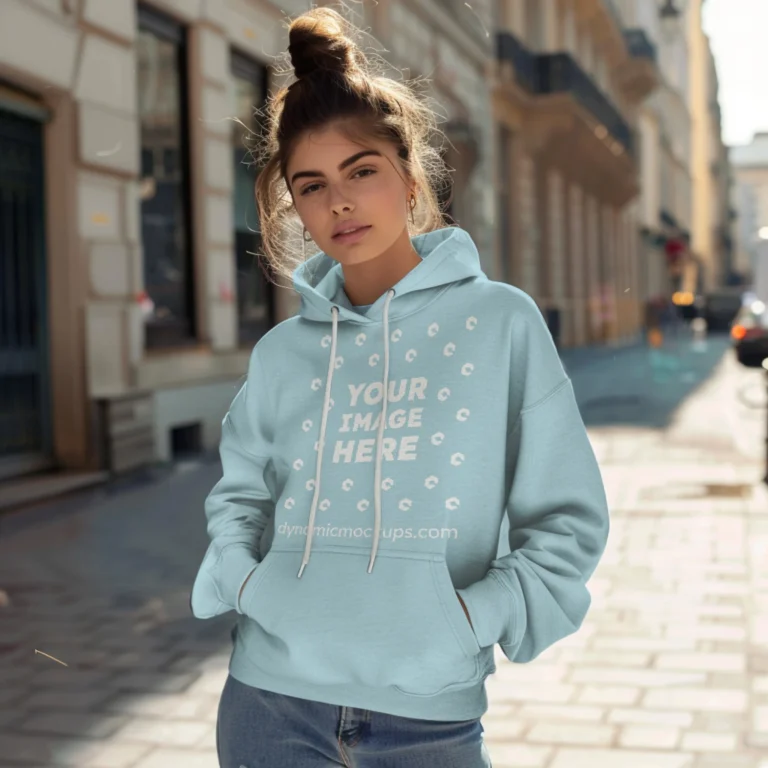 Woman Wearing Light Blue Hoodie Mockup Front View Template