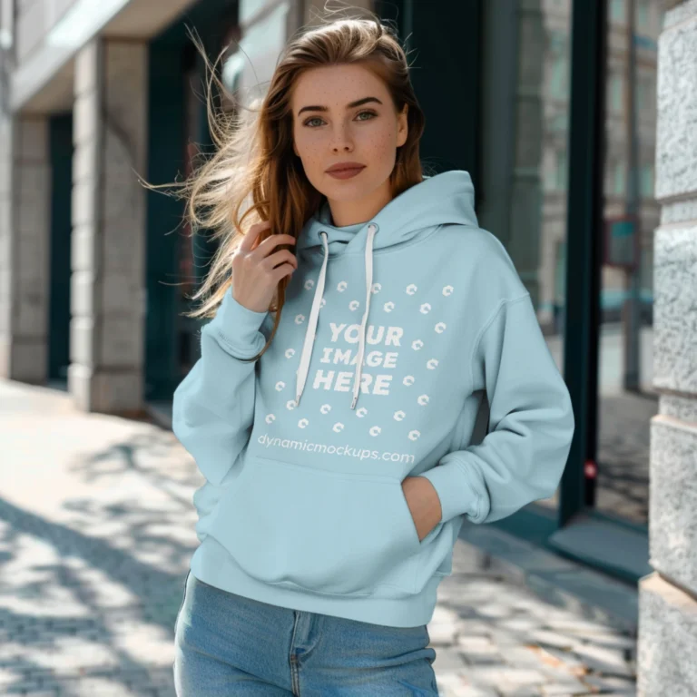 Woman Wearing Light Blue Hoodie Mockup Front View Template