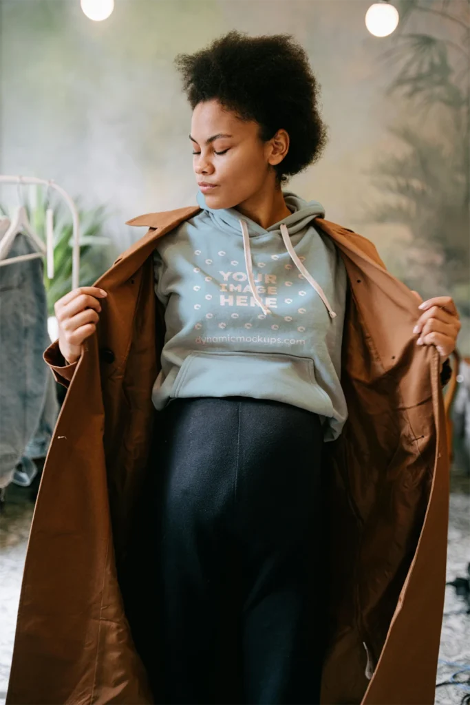 Woman Wearing Light Blue Hoodie Mockup Front View Template