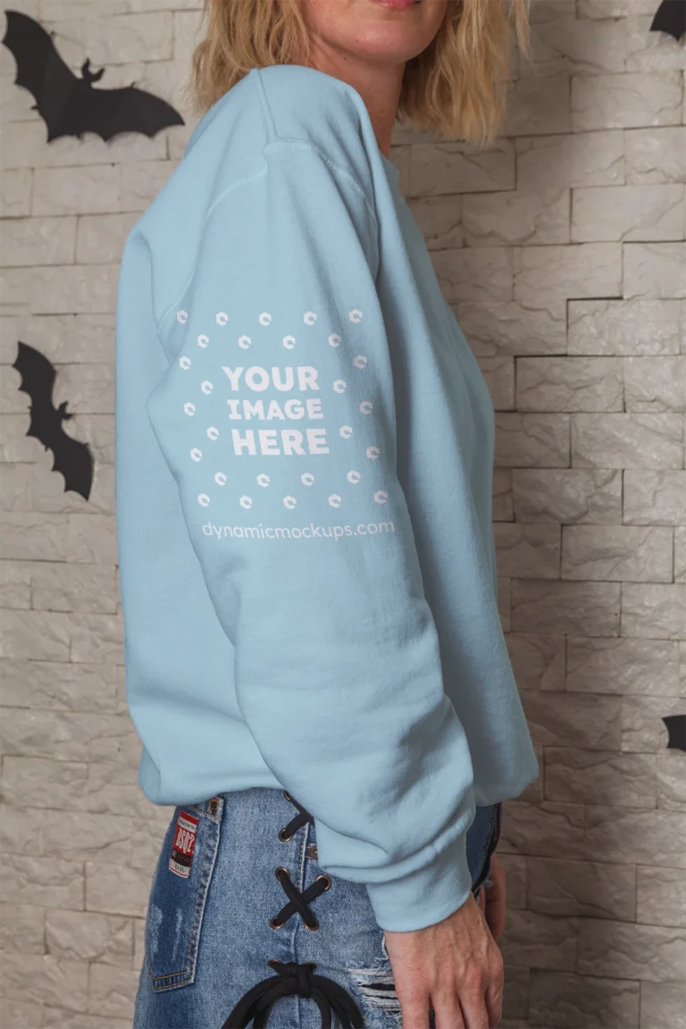 Woman Wearing Light Blue Hoodie Mockup Side View Template