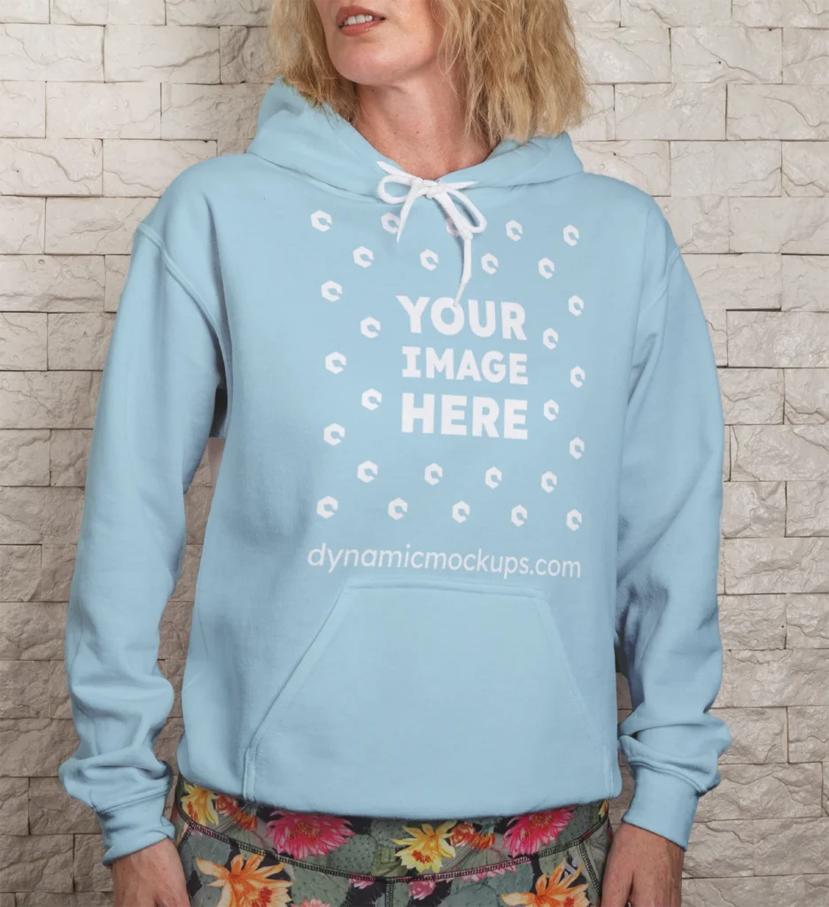 Woman Wearing Light Blue Hoodie Mockup Front View Template