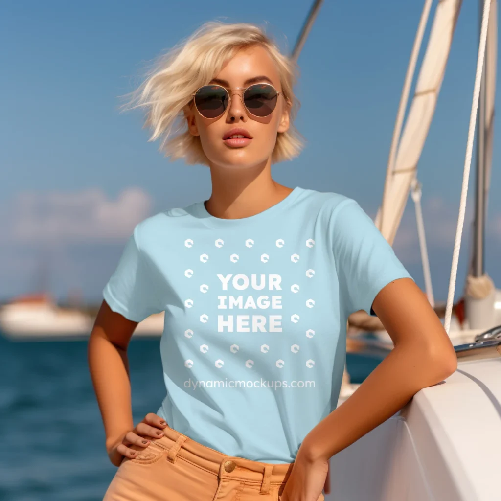 Woman Wearing Light Blue T-shirt Mockup Front View Template