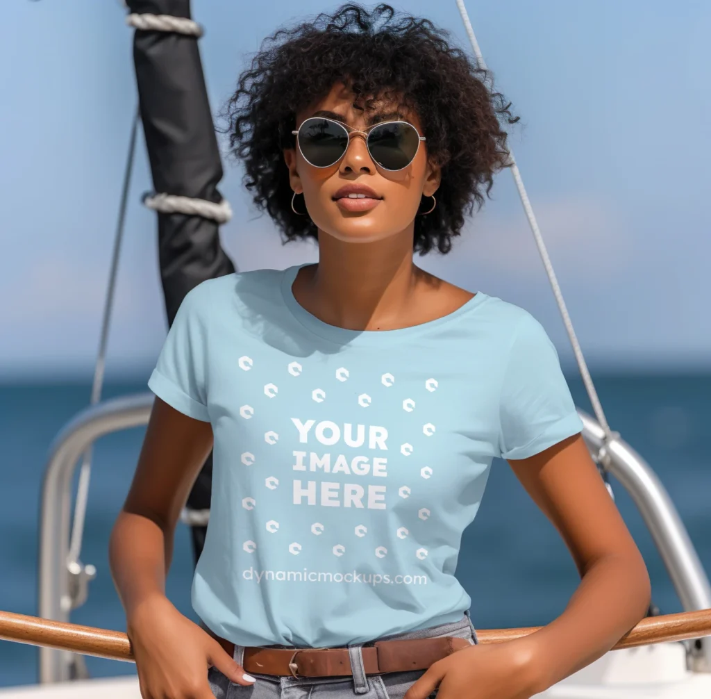 Woman Wearing Light Blue T-shirt Mockup Front View Template