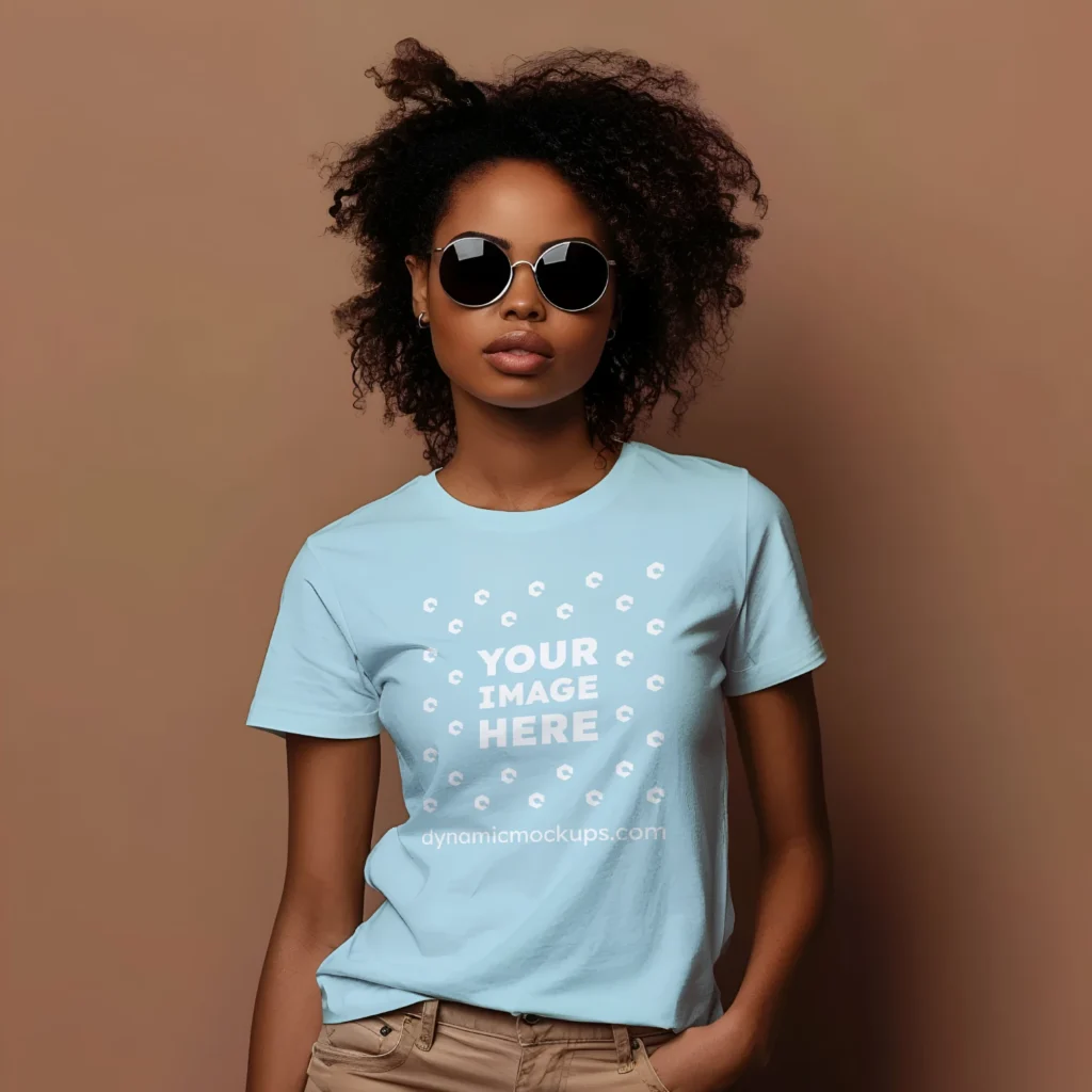 Woman Wearing Light Blue T-shirt Mockup Front View Template