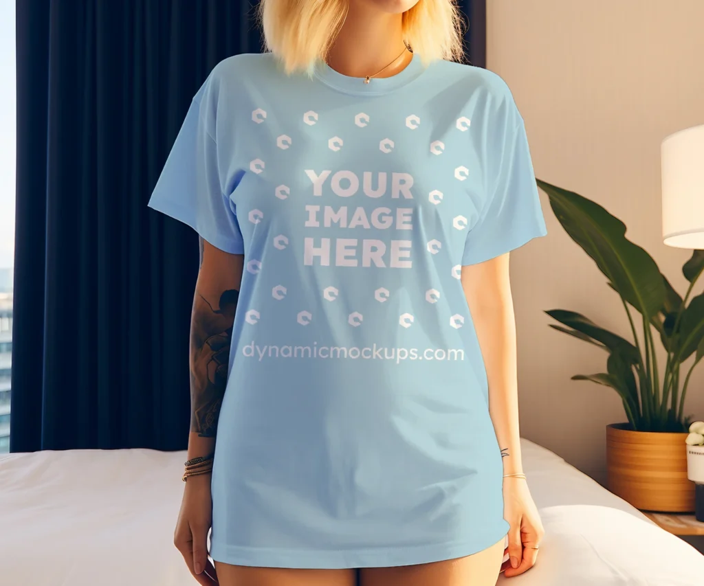 Woman Wearing Light Blue T-shirt Mockup Front View Template