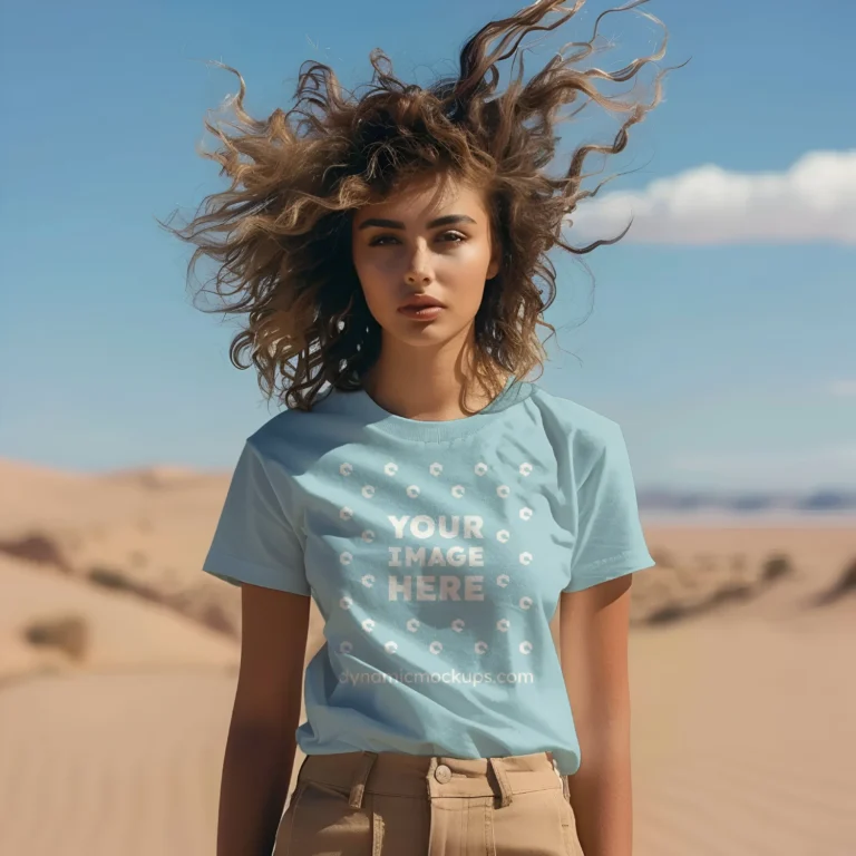 Woman Wearing Light Blue T-shirt Mockup Front View Template