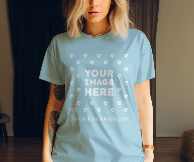 Woman Wearing Light Blue T-shirt Mockup Front View Template