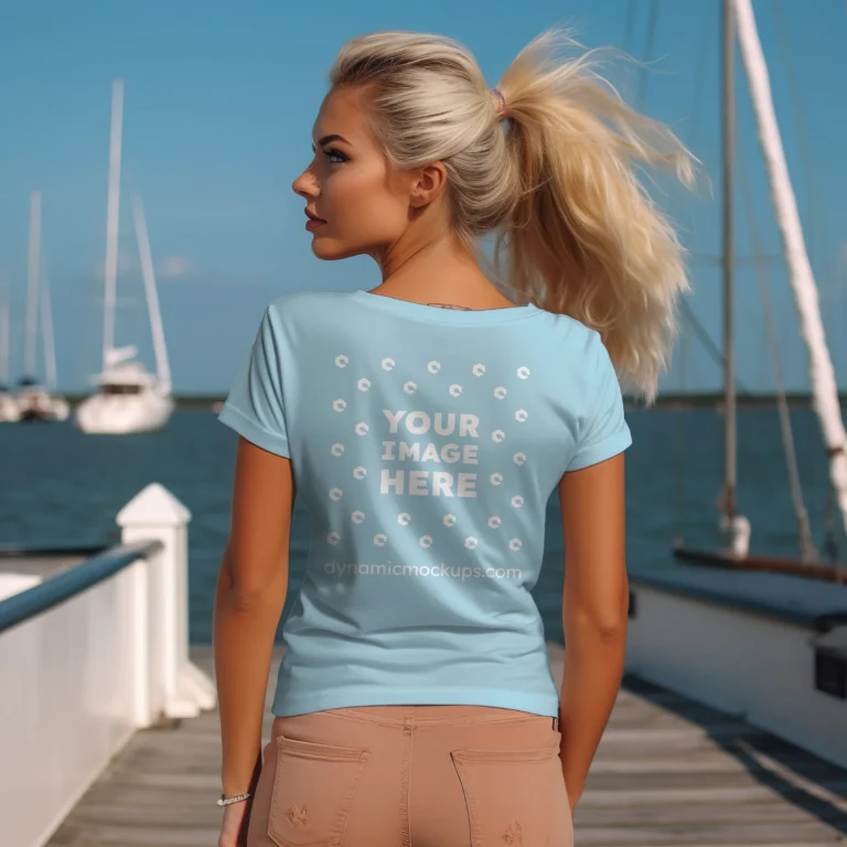 Woman Wearing Light Blue T-shirt Mockup Back View Template