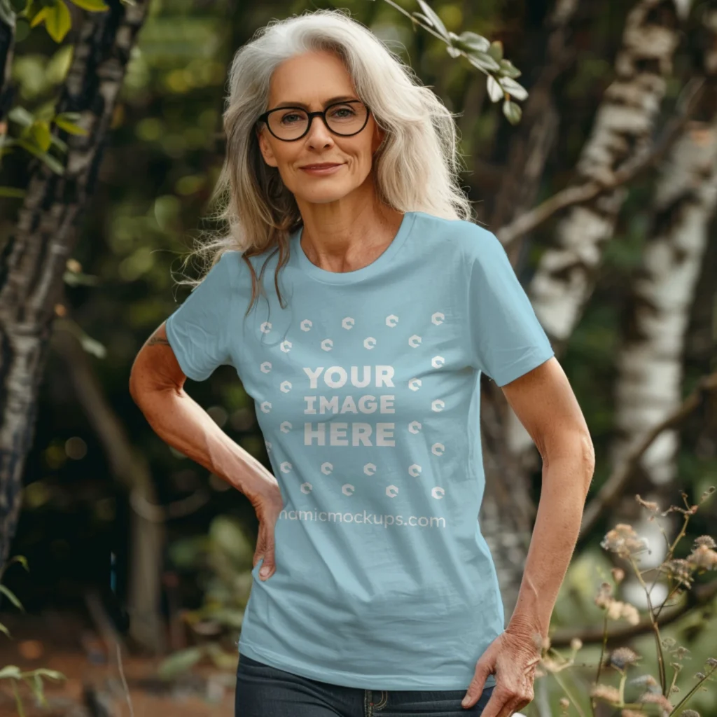 Woman Wearing Light Blue T-shirt Mockup Front View Template