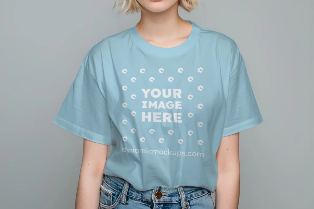 Woman Wearing Light Blue T-shirt Mockup Front View Template