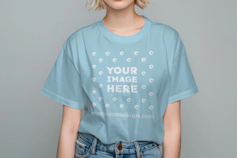 Woman Wearing Light Blue T-shirt Mockup Front View Template