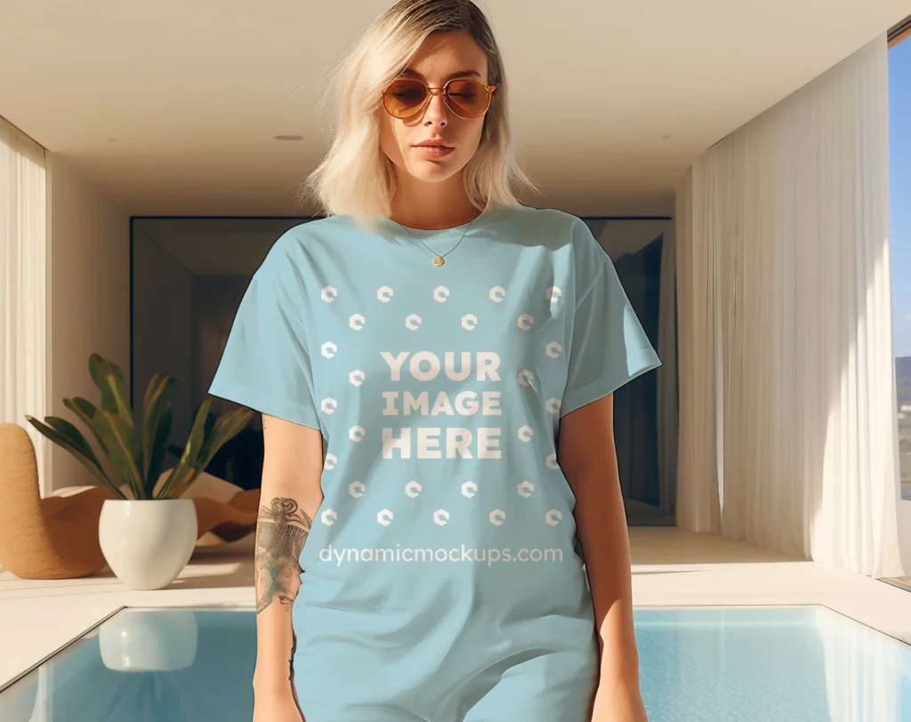 Woman Wearing Light Blue T-shirt Mockup Front View Template