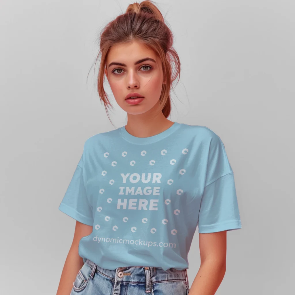 Woman Wearing Light Blue T-shirt Mockup Front View Template