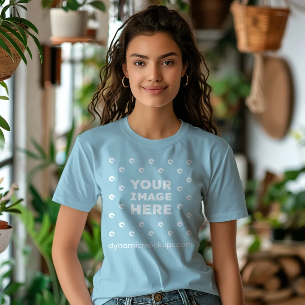 Woman Wearing Light Blue T-shirt Mockup Front View Template