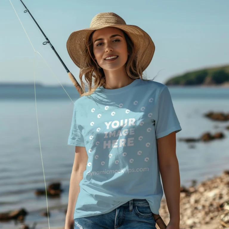 Woman Wearing Light Blue T-shirt Mockup Front View Template