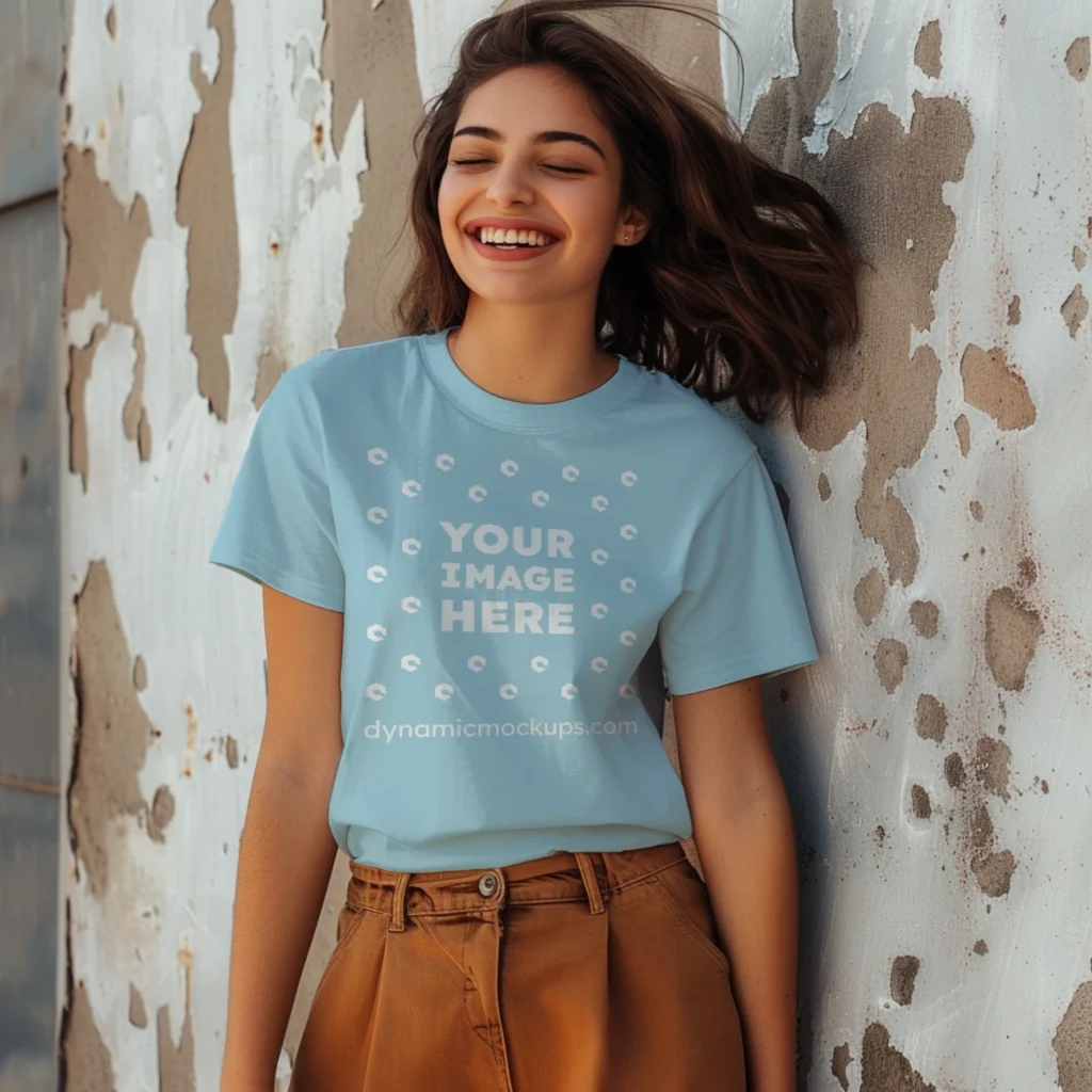 Woman Wearing Light Blue T-shirt Mockup Front View Template