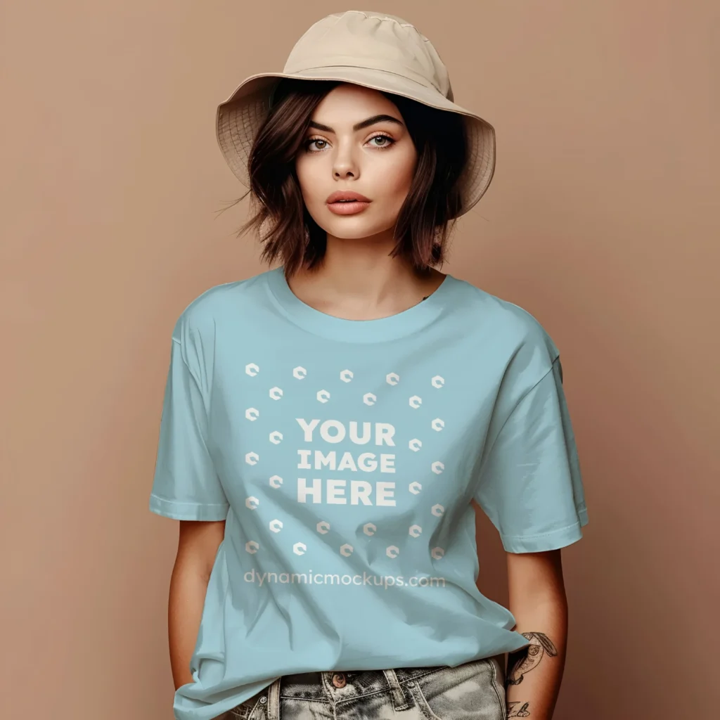 Woman Wearing Light Blue T-shirt Mockup Front View Template