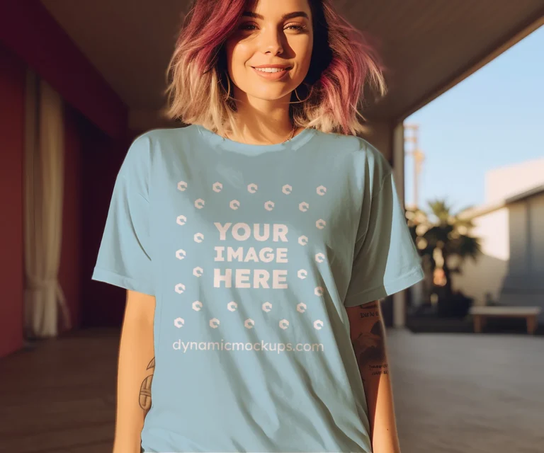 Woman Wearing Light Blue T-shirt Mockup Front View Template