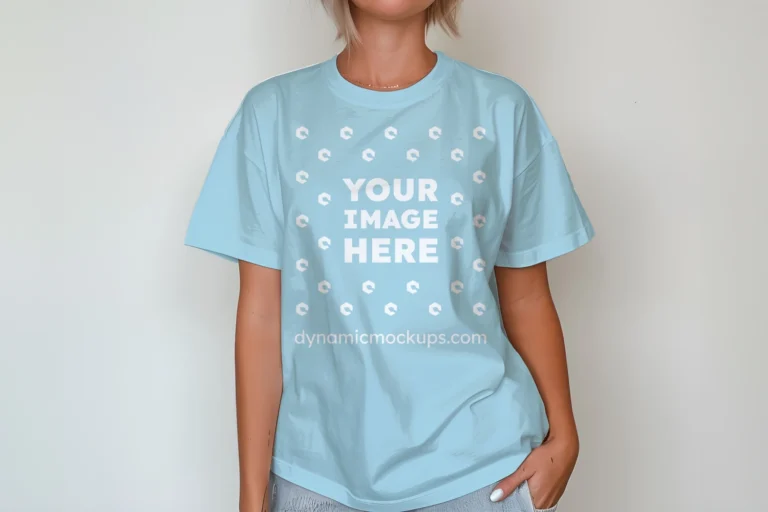 Woman Wearing Light Blue T-shirt Mockup Front View Template