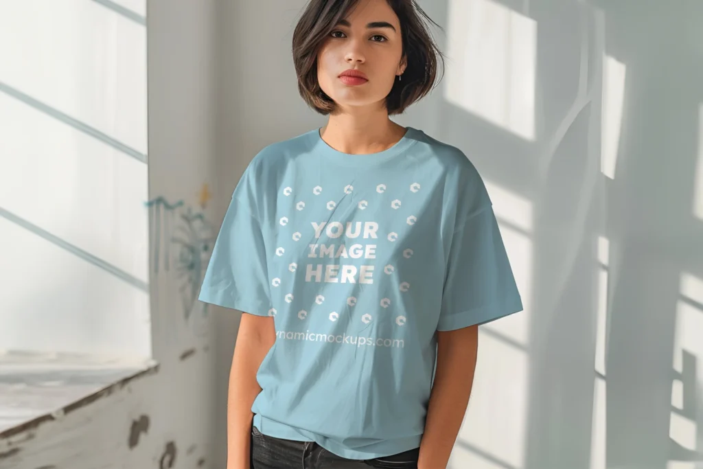 Woman Wearing Light Blue T-shirt Mockup Front View Template