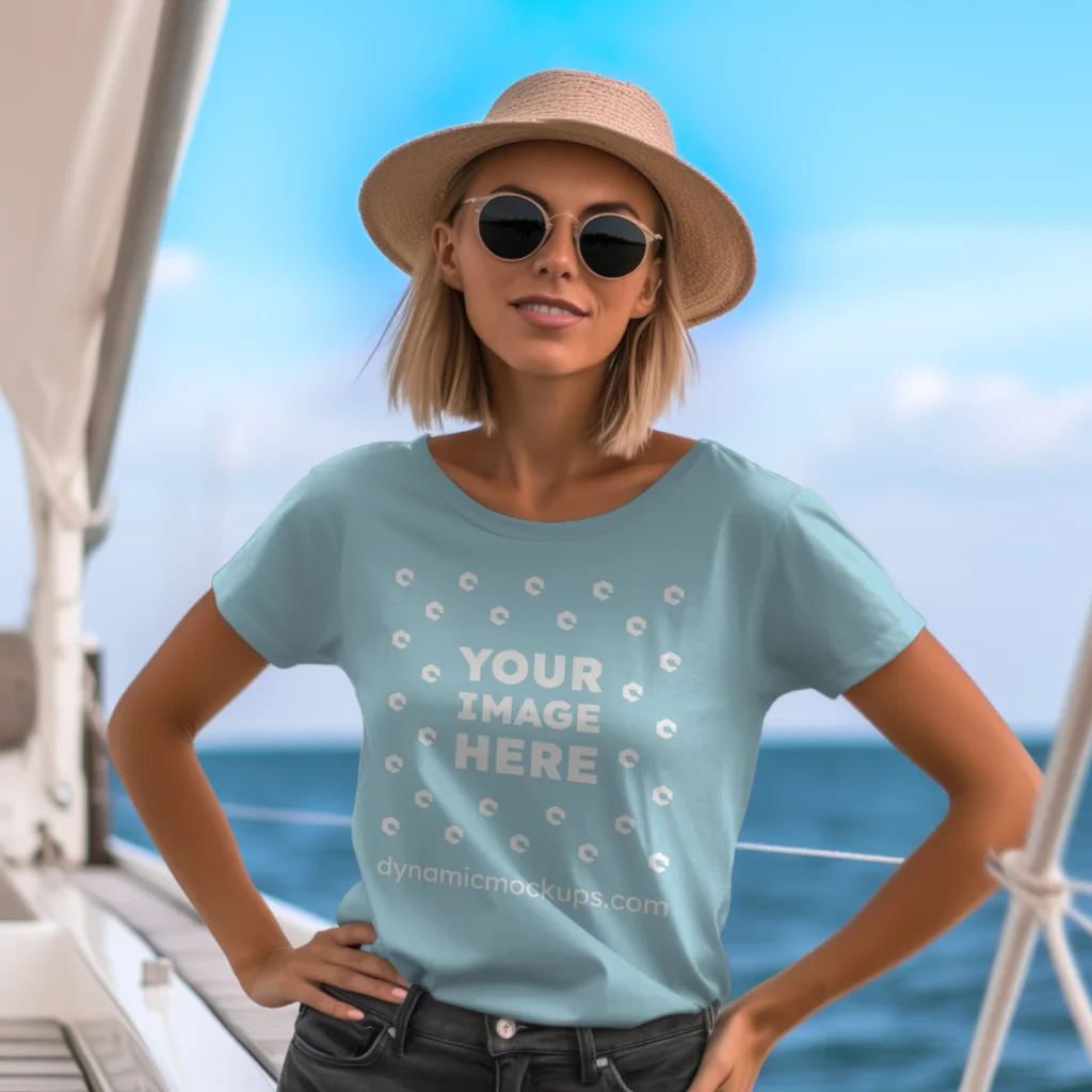 Woman Wearing Light Blue T-shirt Mockup Front View Template