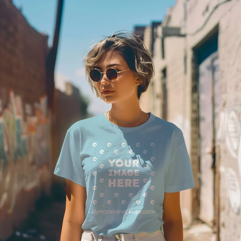 Woman Wearing Light Blue T-shirt Mockup Front View Template