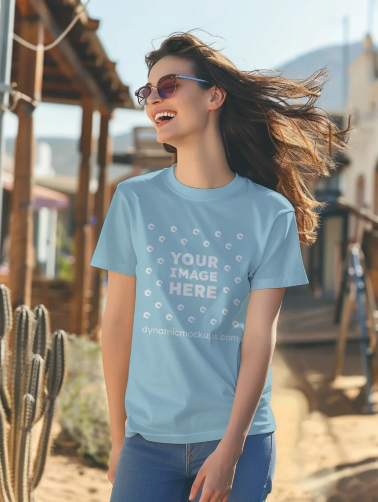 Woman Wearing Light Blue T-shirt Mockup Front View Template