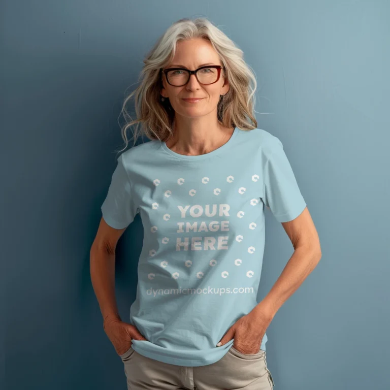 Woman Wearing Light Blue T-shirt Mockup Front View Template