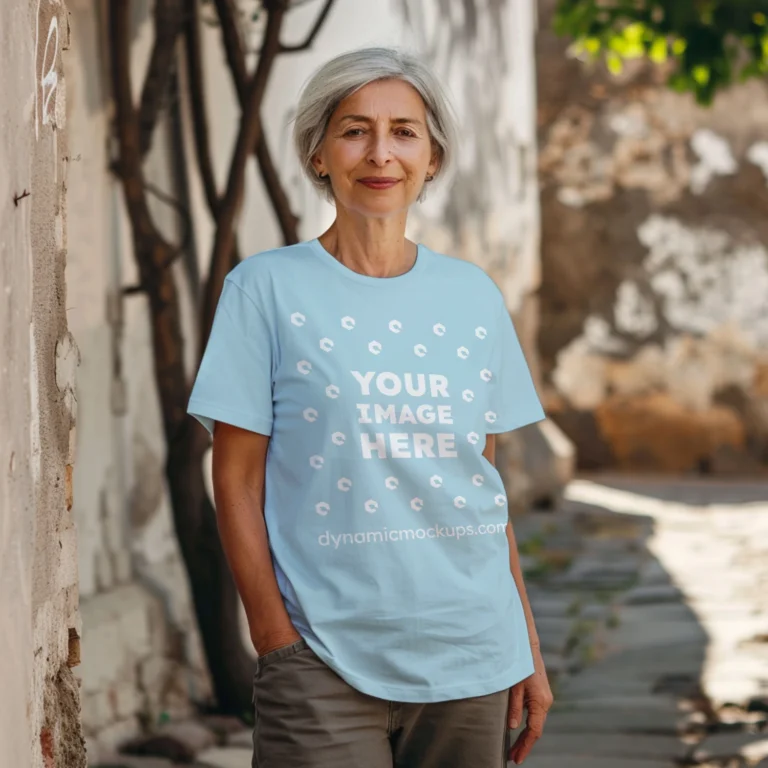 Woman Wearing Light Blue T-shirt Mockup Front View Template