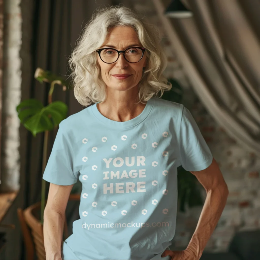 Woman Wearing Light Blue T-shirt Mockup Front View Template